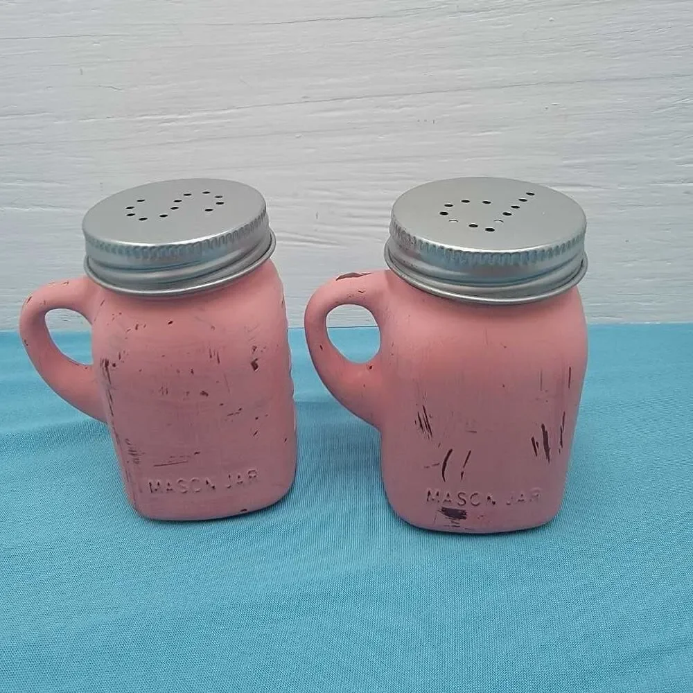 Pink Coral Mason Jar Salt Pepper Shakers Set Handle Farmhouse Kitchen Decor